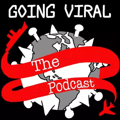 black and white graphic image of earth as a virus with a red ribbon with text going viral